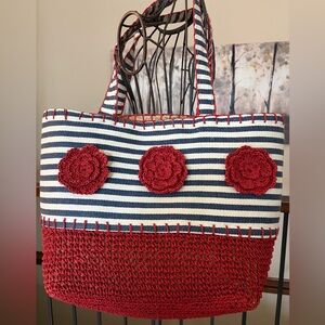 Two’s Company Large Straw Red Navy Cream Stripe Flowers Straw Jute Beach Bag